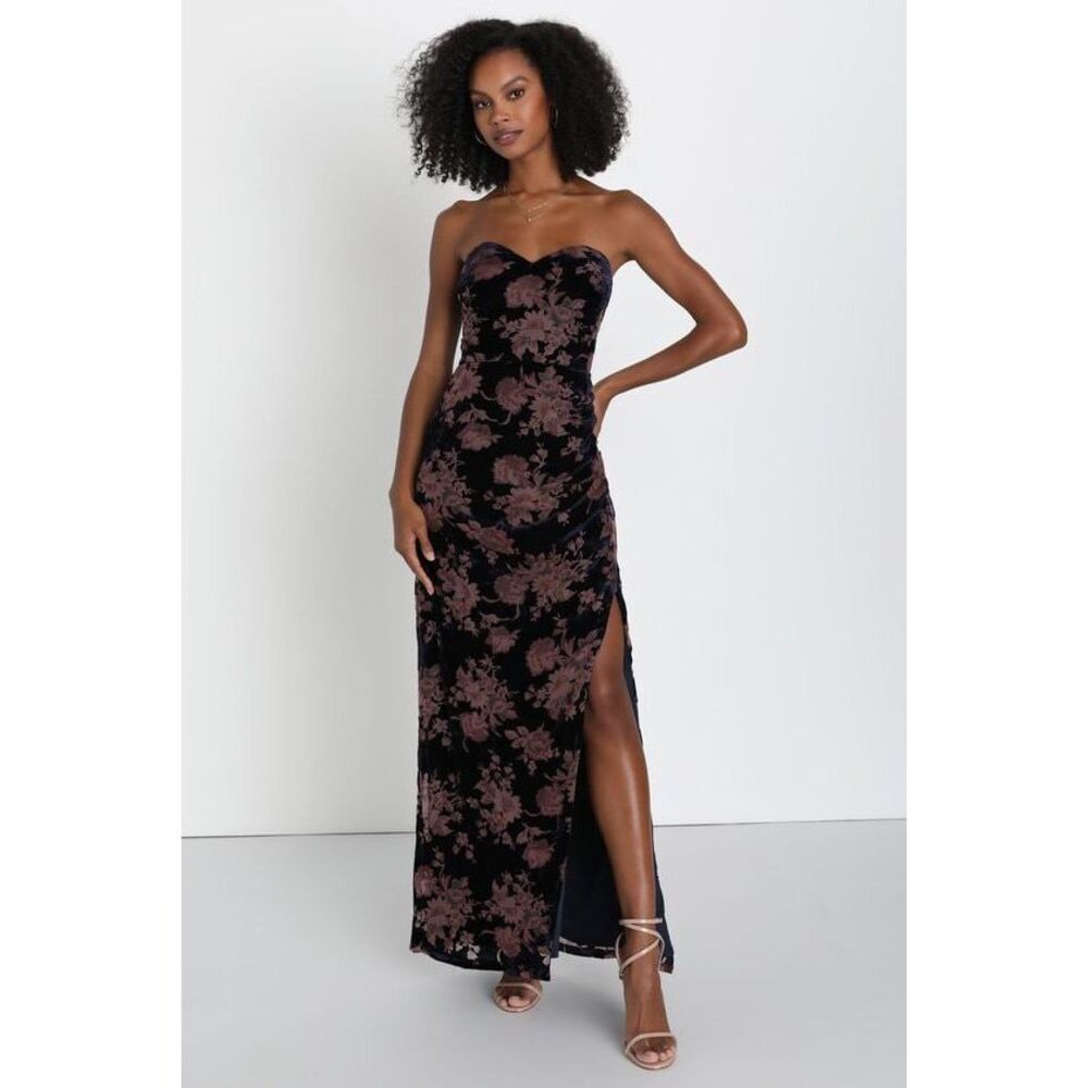 Navy Blue Floral Burnout Velvet Strapless Maxi Dress - Size XL NEVER WORN W TAGS